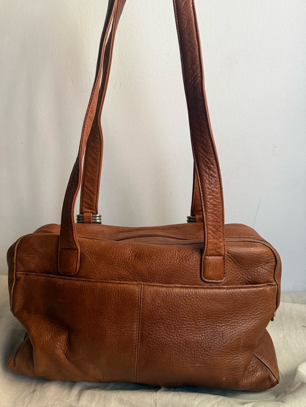 Stone Mountain Soft Leather Cargo Shoulder Bag Cognac Brown Multi Pocket Purse